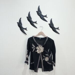 CoVelo Black Linen Floral Jacket Cardigan - Size 6 - Vintage!